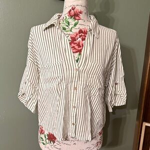 Zara Ivory and Green Striped Button-Down Shirt